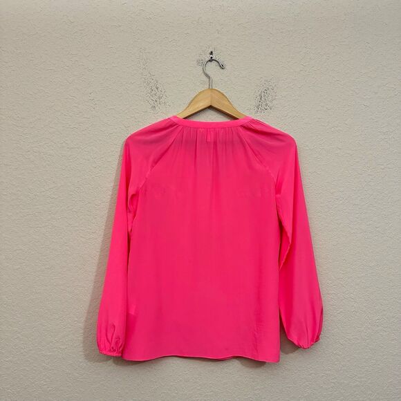 LILLY PULITZER Saria Top Blouse Pink Silk Satin Puff Sleeve Tasseled - Picture 2 of 13